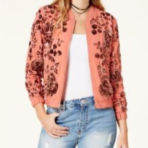 Endless Rose Coral  Bomber Jacket with Floral Design - Picture 11 of 16